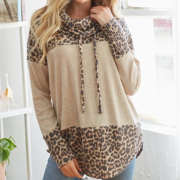 *ONLY 1 LEFT*   Cowl Neck Waffle Shirt Animal Print Colorblock - Picture 2 of 7